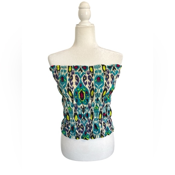 By Anthropologie Smocked Tube Top Size Medium Turquoise Ikat Print Strapless - Picture 3 of 8